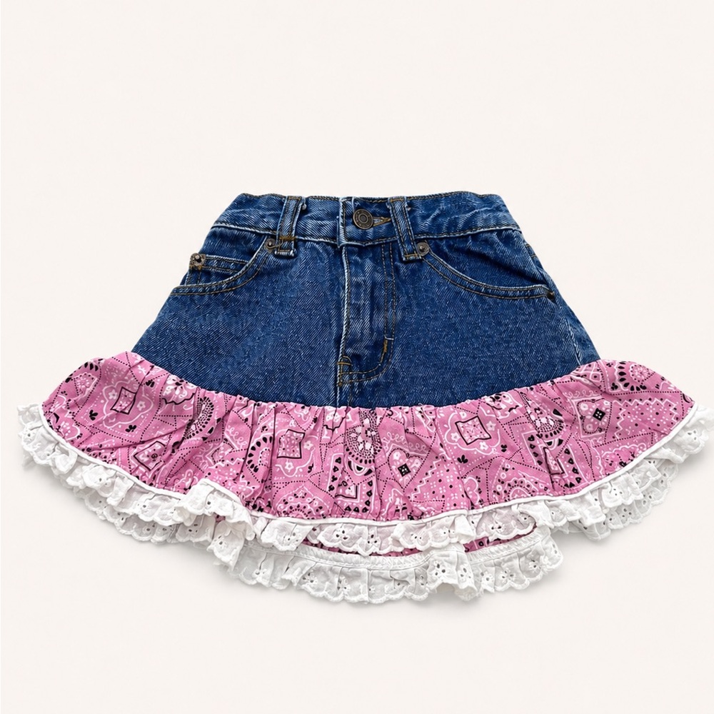 Country Denim Skirt with Pink Bandana Ruffle and Eyelet Trim